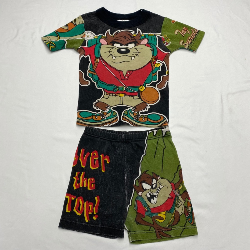 Vintage 1997 Looney Tunes Taz Tasmanian Devil Pajama Set AOP Size 4 Made in USA